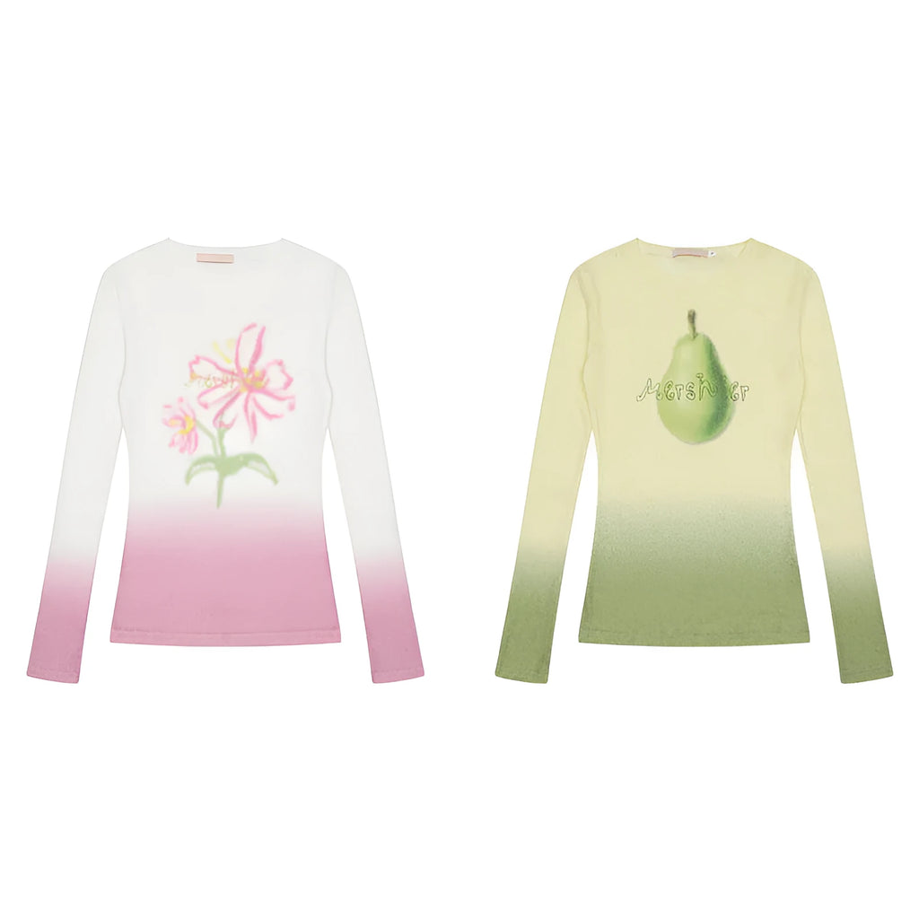 Women's light pink long sleeve T-shirt with a gradient flower print, made from thin polyester.