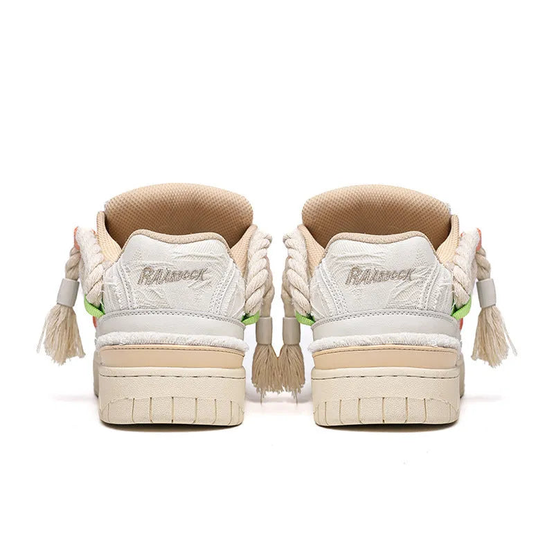 Creamy white retro skateboard shoes with lace-up front and platform rubber sole.