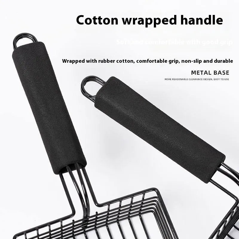 Black metal cat litter scoop with a long handle and a sifting head showing a narrow mesh gap.