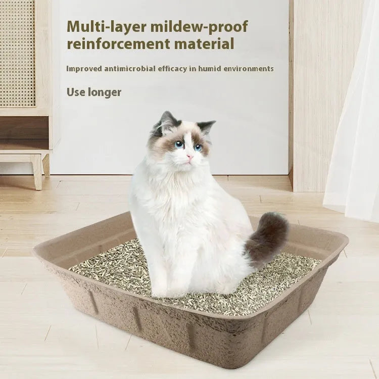 Brown disposable waterproof cat litter box shown in three available sizes.