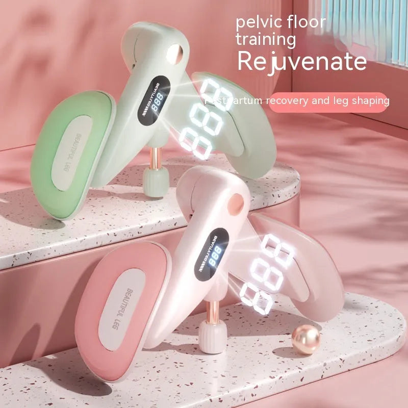 Pelvic floor muscle trainer repair device with counting function in blue, grey, green, and pink colour options.
