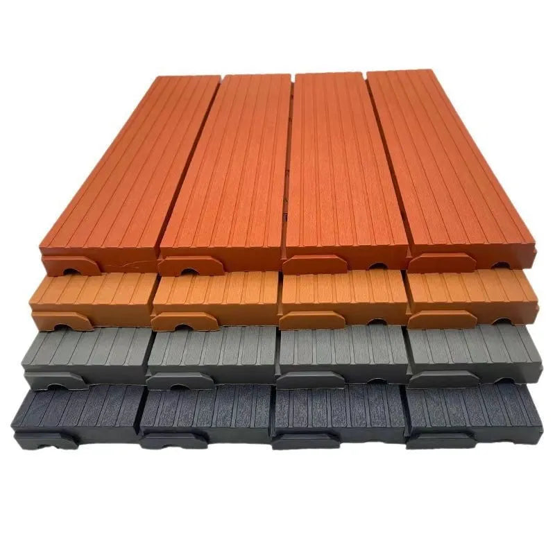 Pack of ten brown wood grain patterned plastic interlocking floor tiles