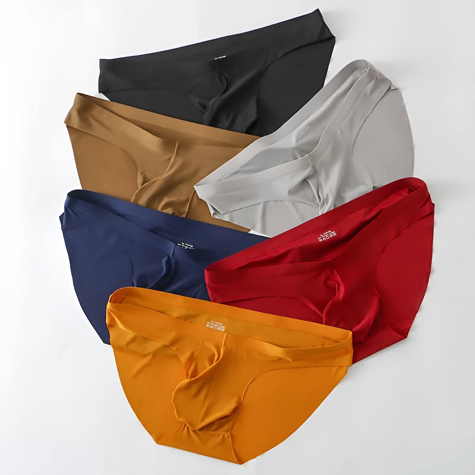 Men's black ice silk seamless briefs with a supportive front pouch on a grey background.