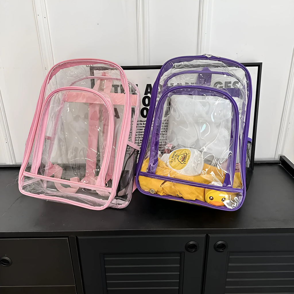 Clear PVC waterproof backpack with inner voile bag, shown in available colours.