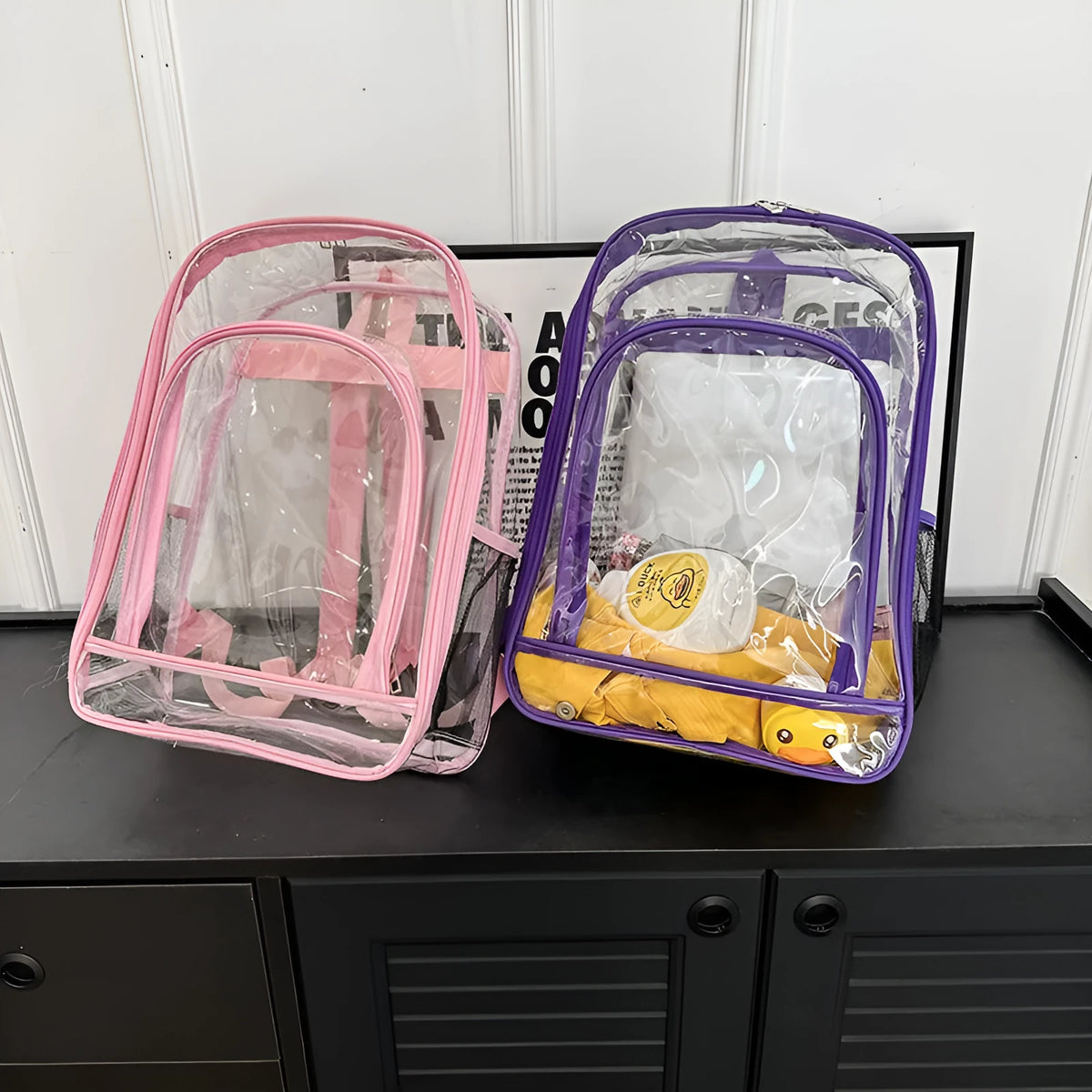 Clear PVC waterproof backpack with inner voile bag, shown in available colours.