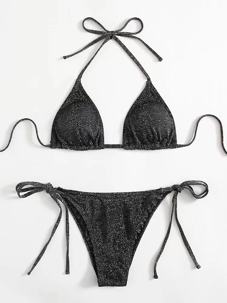 Women's khaki gold bandage bikini swimsuit with split briefs design on a mannequin.