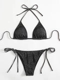 Women's khaki gold bandage bikini swimsuit with split briefs design on a mannequin.