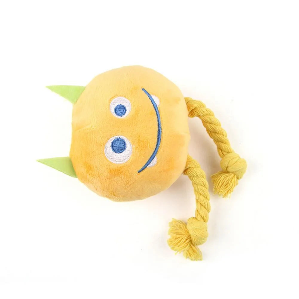 Squeaky dog toy with strong knot design, cotton rope and PP cotton filling, cartoon shape, yellow or blue