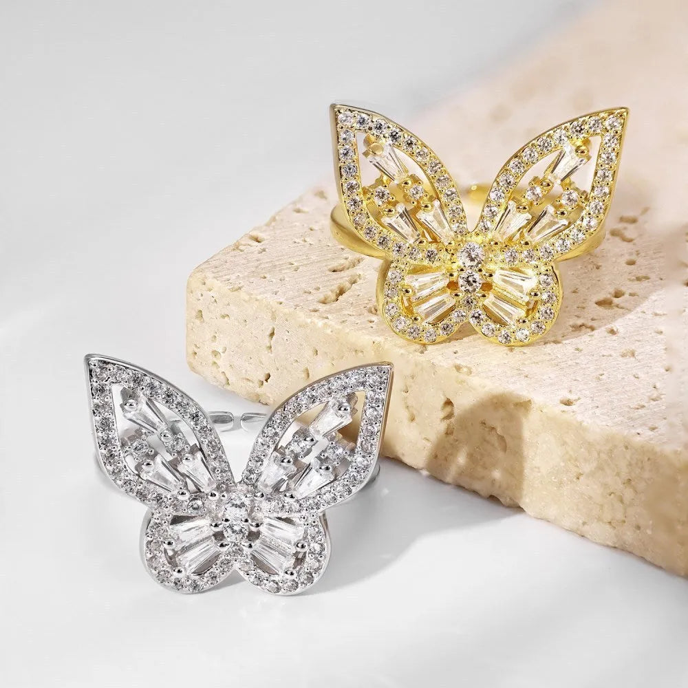 S925 sterling silver diamond inlaid zircon butterfly ring adjustable opening women's silver jewellery