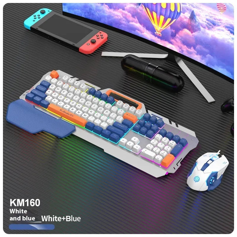 Blue wired gaming keyboard and mouse set with backlit keys on dark surface