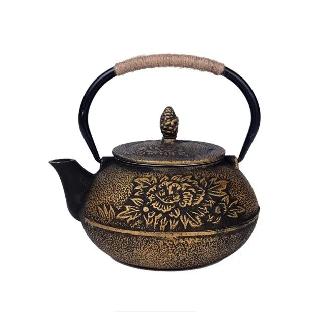 Japanese style cast iron teapot with 0.9 litre capacity shown in a bronze finish.