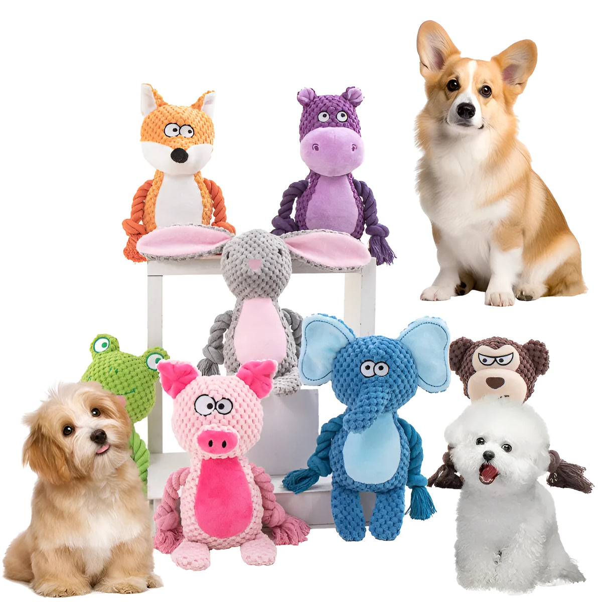 Plush hippo dog toy with cotton rope for tug of war and training, soft plush material.