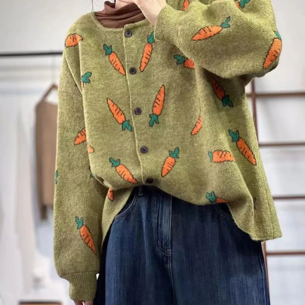 Round neck artistic print viscose cardigan sweater in loose street fashion style