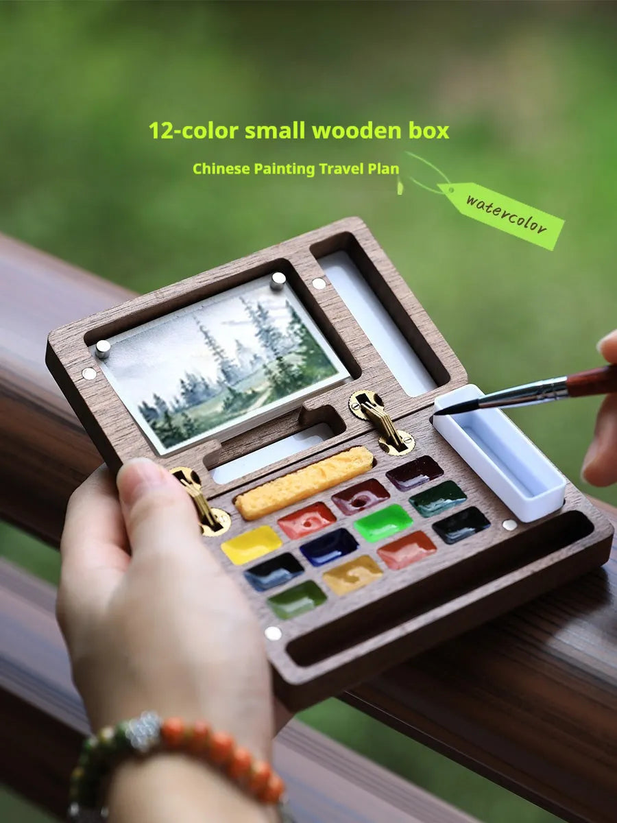Mini walnut wooden watercolour paint box travel art set with pigment selection options