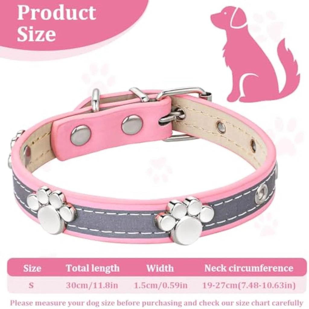 Reflective brown leather dog collar with metal paw print rivets and an adjustable buckle.