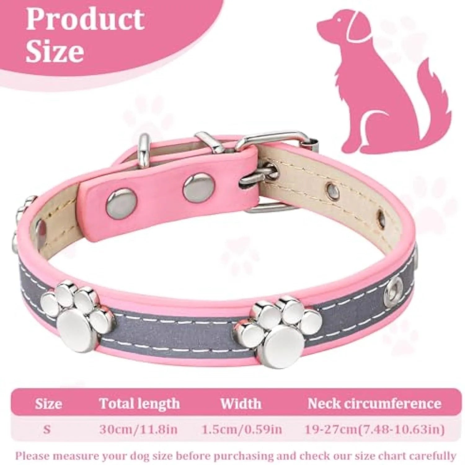 Reflective brown leather dog collar with metal paw print rivets and an adjustable buckle.