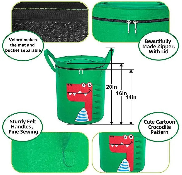 Green felt cube storage bag open as a play mat next to toys, showing pull rope closure