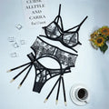 Women's black lace mesh floral print three-piece set with top, pants, and waist ring