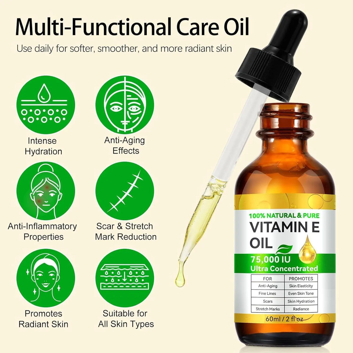 Vitamin E oil 60ml cosmetic skincare oil single bottle for face hair nails body