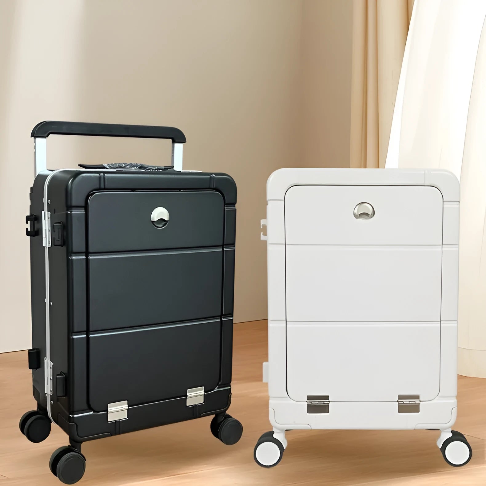 20-inch front opening hard shell suitcase in black with universal wheels and a separate compartment for dry and wet items.