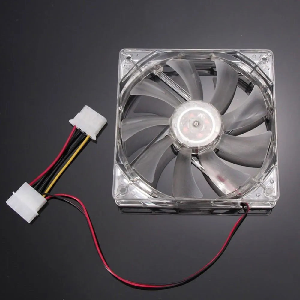 120mm PC cooling fan with blue LED light, 120x120x25mm size, 4-pin connector, white frame, black blades
