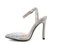 Women's pointed diamond pattern sandals with a stiletto heel, shown in size 38 with a PVC upper.