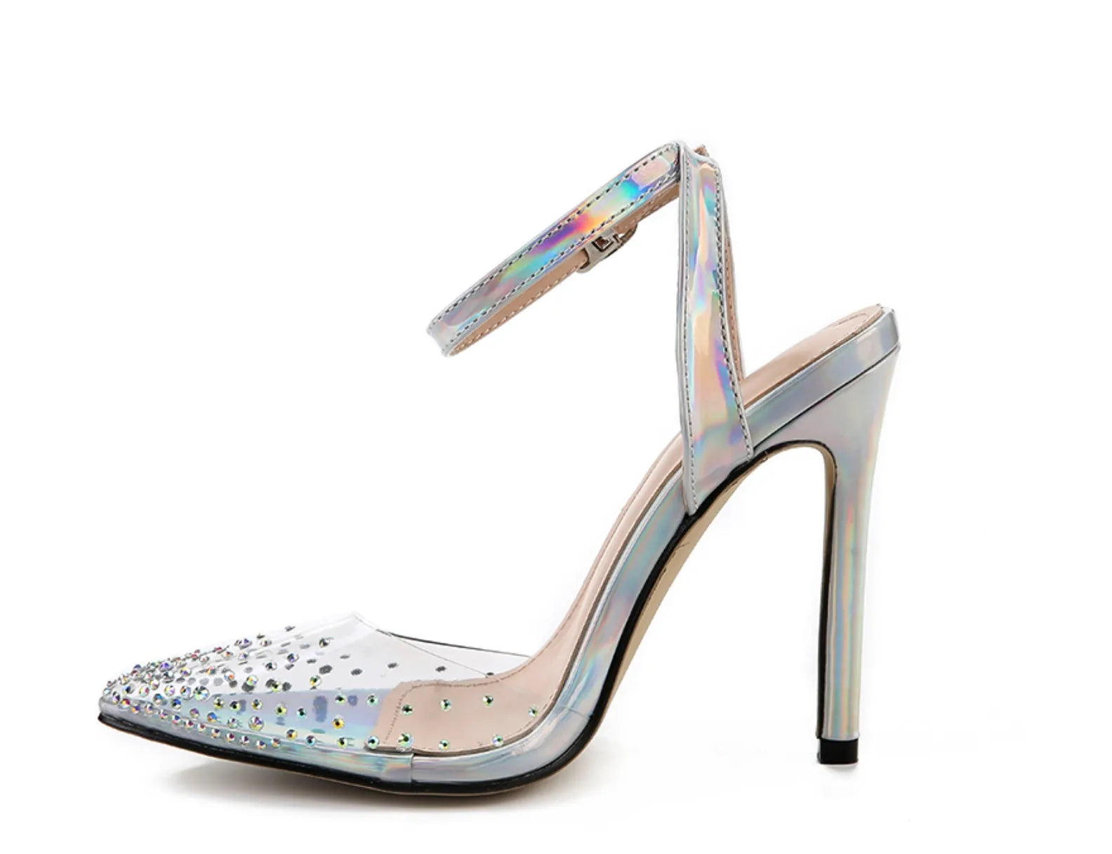 Women's pointed diamond pattern sandals with a stiletto heel, shown in size 38 with a PVC upper.