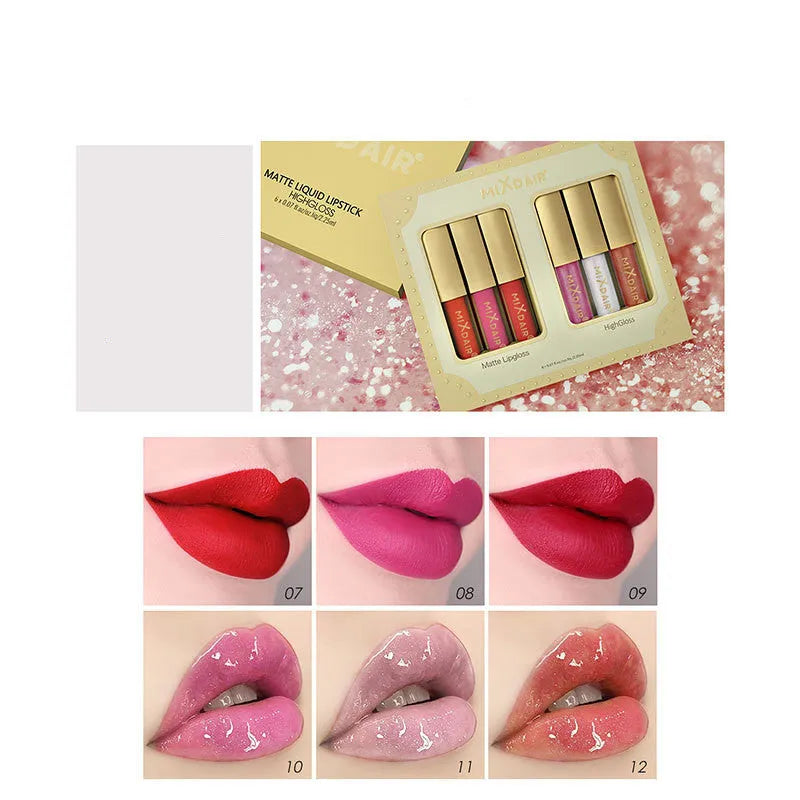 Matte high gloss lip gloss set with mica shimmer in colour options A and B for unisex lip modification