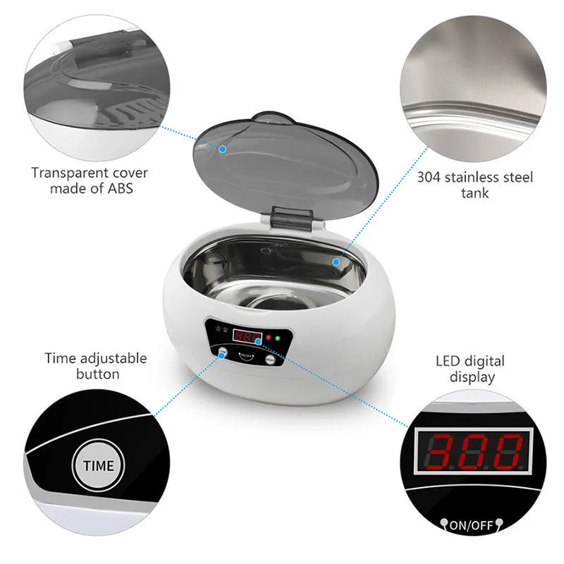 Ultrasonic cleaning machine for home in white blue, 40KHz digital control, compact 20.6 x 15.2 x 13.2 cm