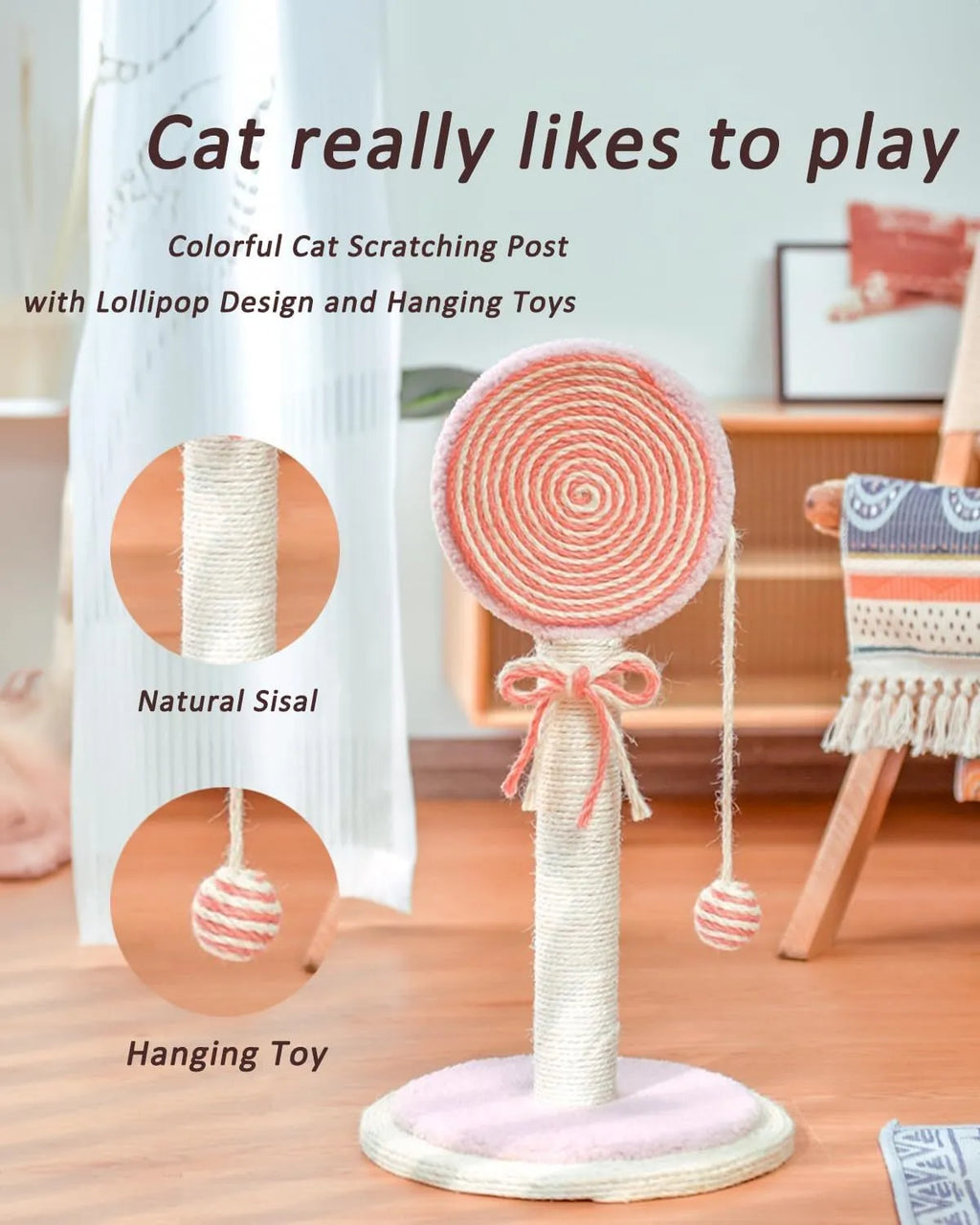 Blue cat scratching post with natural sisal rope and a hanging ball toy on a wooden base.