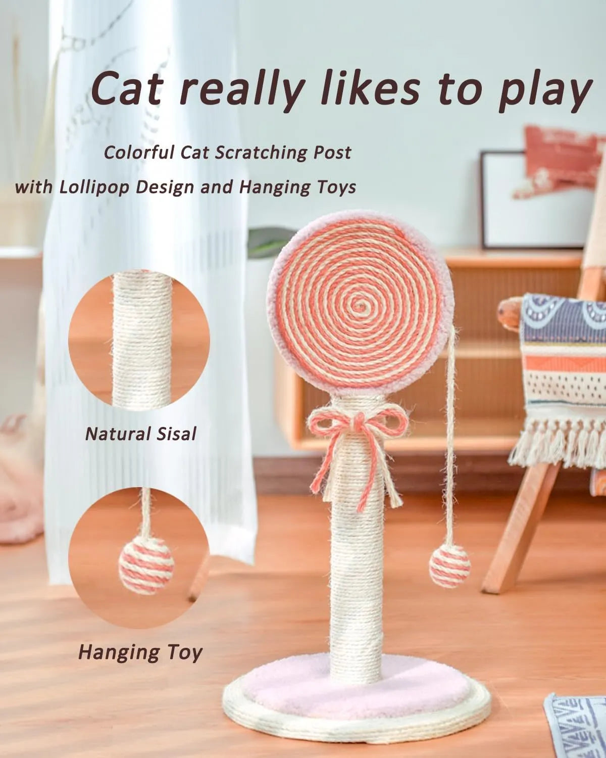 Blue cat scratching post with natural sisal rope and a hanging ball toy on a wooden base.
