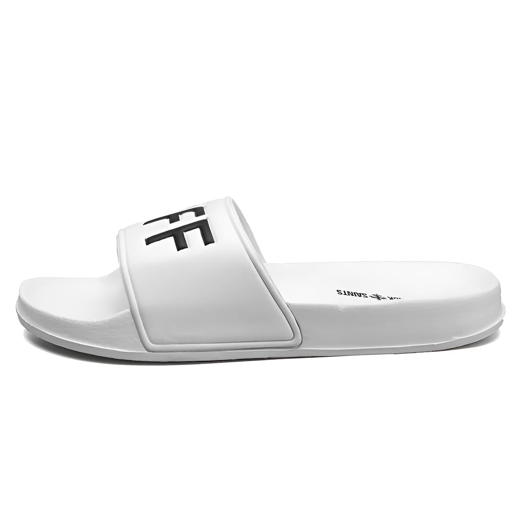 Men's black and white open toe slippers with rubber soles showing size range 36-46