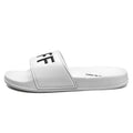 Men's black and white open toe slippers with rubber soles showing size range 36-46