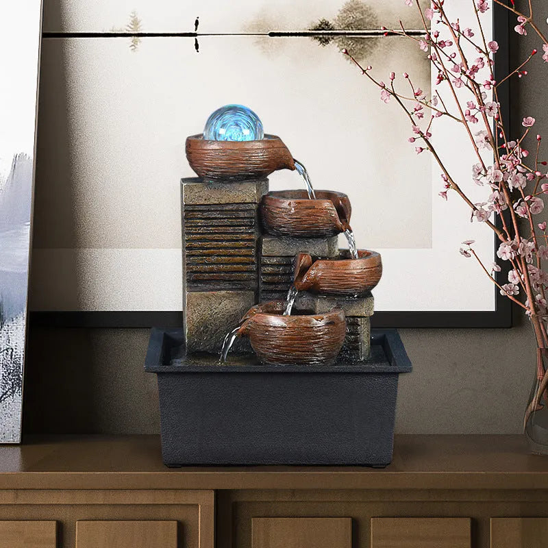 European desktop fountain with running water crystal ball intricate carved rustic design on wooden table