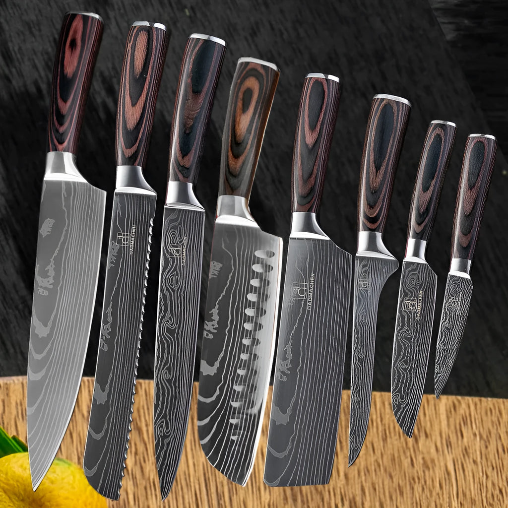 Chef knife with laser Damascus pattern on blade, steel handle, showing 30cm length.