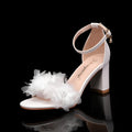 Peep toe chunky high heels with one strap and rhinestone detail, white or pink, 6-8cm heel