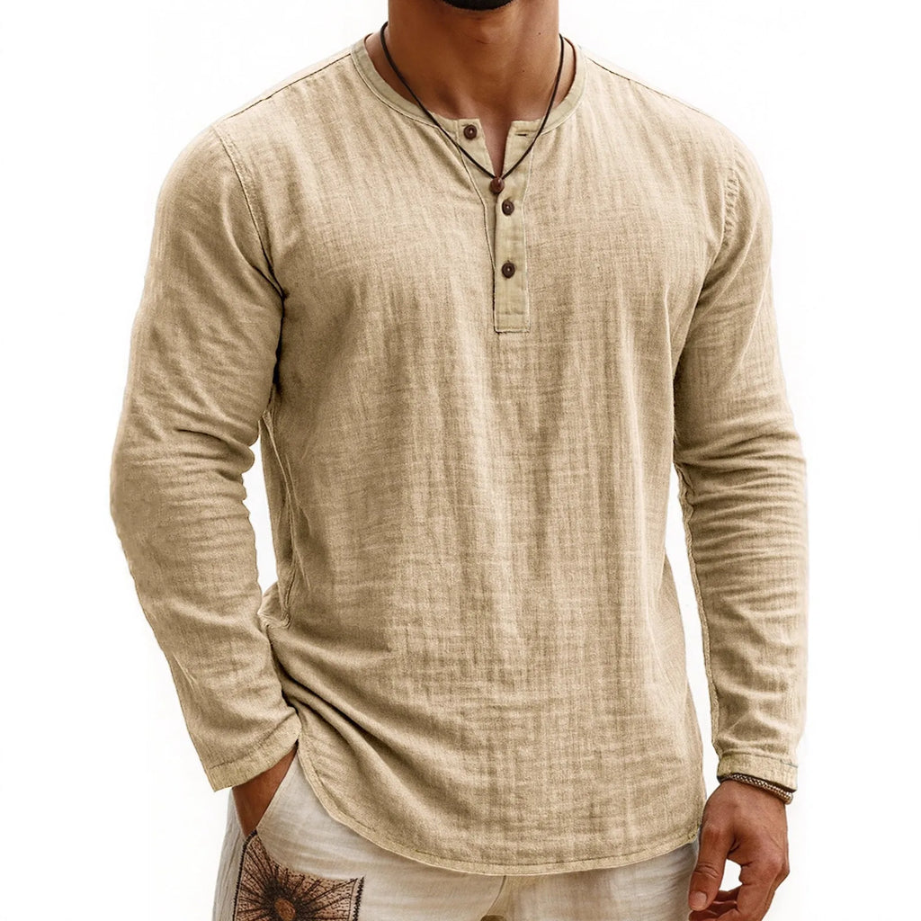 Men's digital printing two-tone 3-button Henley shirt, long sleeve, slim fit polyester casual top in youth style