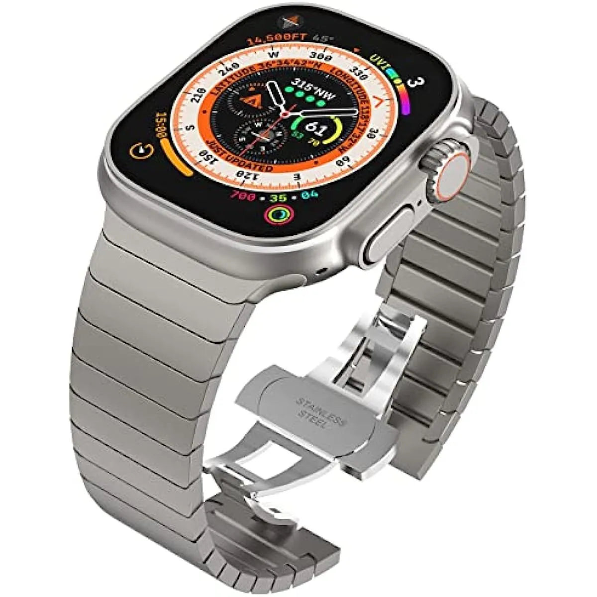 Stainless steel Apple Watch strap with bamboo joint and butterfly clasp in silver, shown in 38/40/41mm size