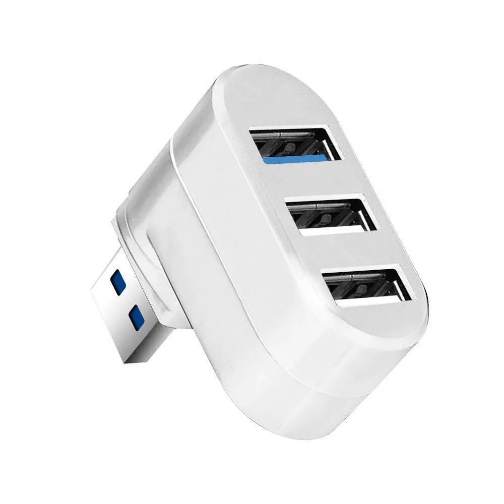 Black or white USB 3.0 rotary splitter hub with four ports on a blister card