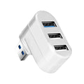 Black or white USB 3.0 rotary splitter hub with four ports on a blister card