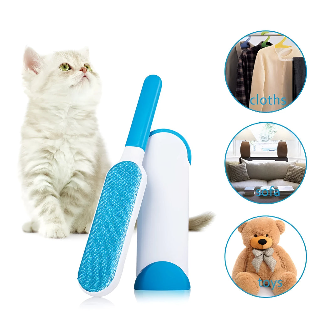 Reusable pet hair removal comb with a self-cleaning base, shown in blue, for cleaning cat and dog fur from sofas.