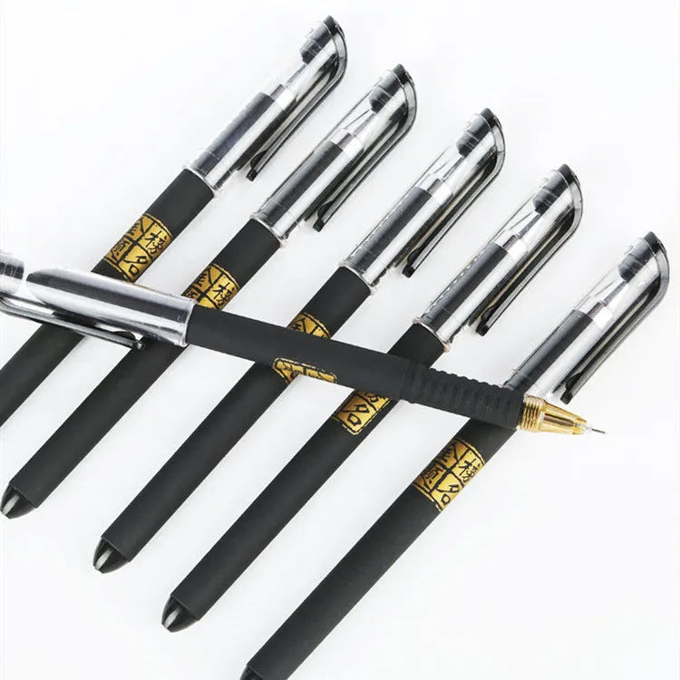 Carbon black gel pen set showing plastic construction with anti-fatigue grip and cap closure
