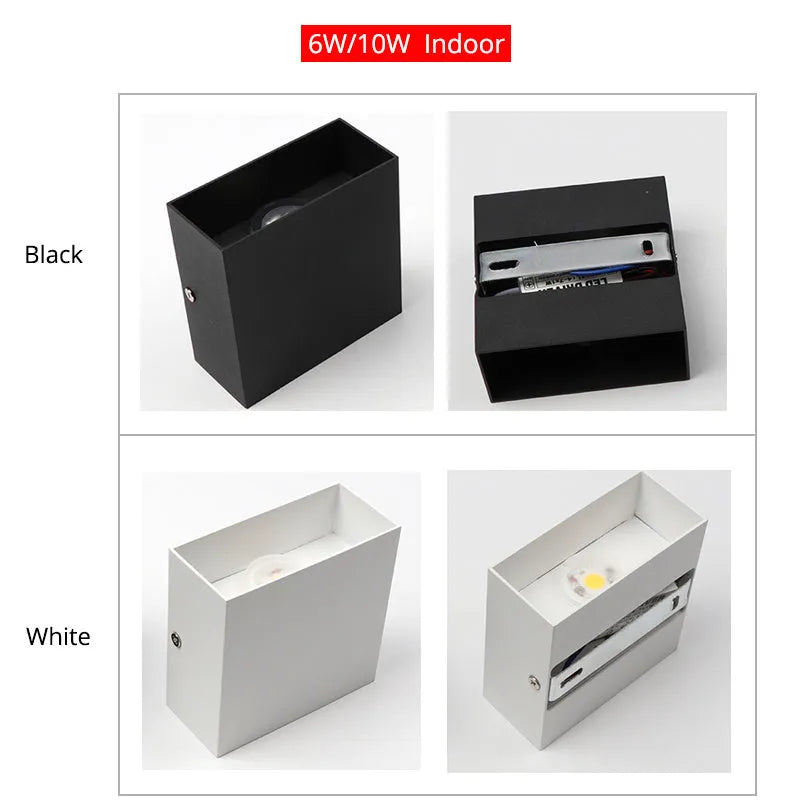 Square aluminium alloy wall lamp in black, mounted on a wall, showcasing its compact design and 360-degree light output.