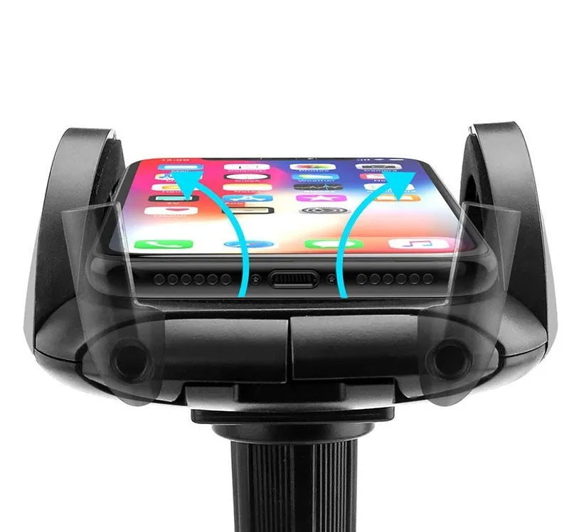Black car cup holder mobile phone mount with ABS and aluminium tube encapsulation, placed in car cup holder