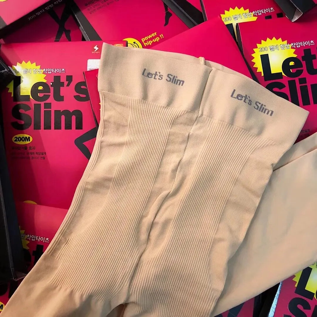 Beige and black stovepipe socks for hip and abdomen lifting, made from polyester fibre.