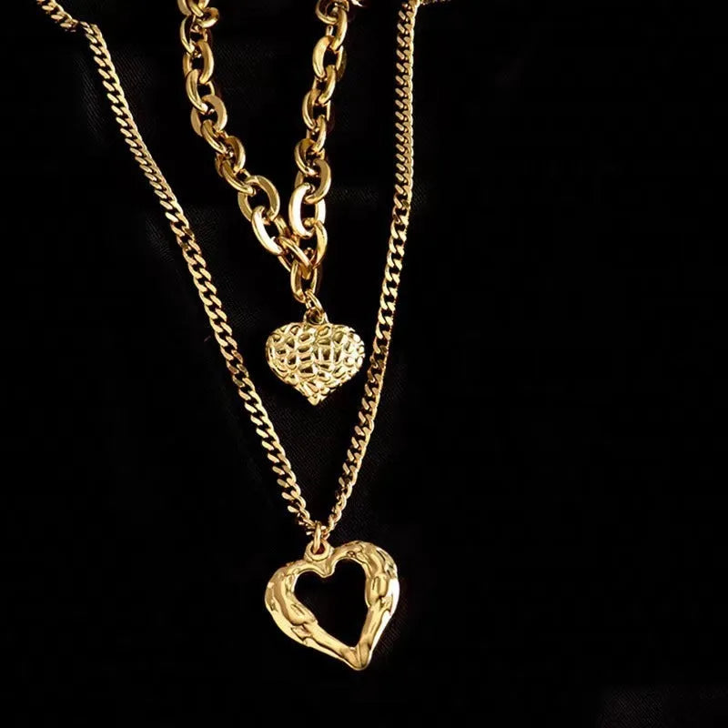 Titanium steel angel wings love necklace set with two heart-shaped pendants on O-shaped chain, silver finish