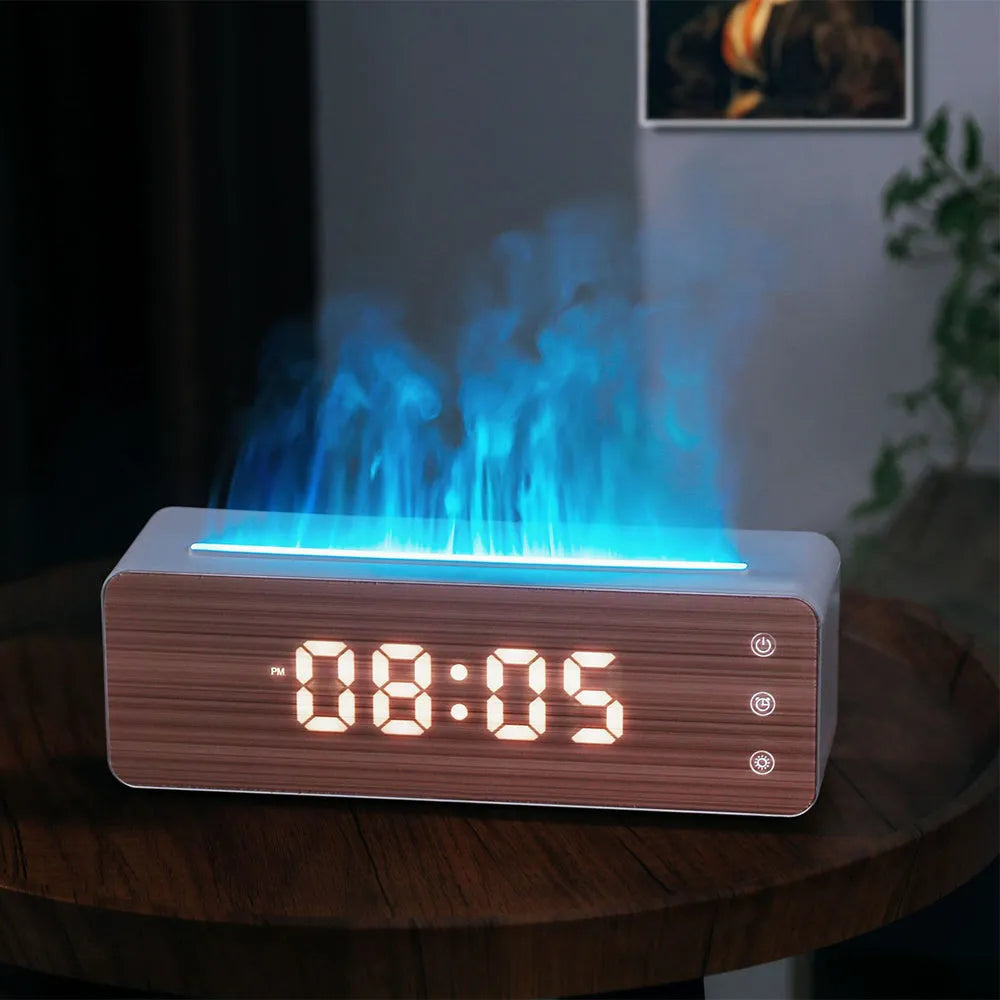 White flame humidifier with clock display on a desk, showing mist output