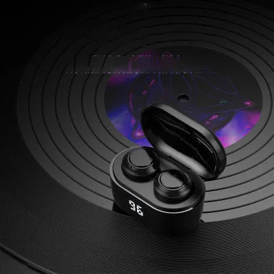 A black stereo Bluetooth headset with earbuds, showcasing its wireless design.