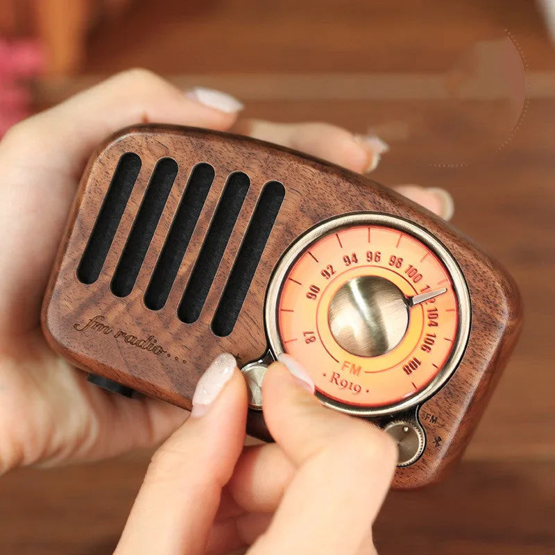 Retro wooden wireless mini speaker in cherry wood or walnut finish with compact design