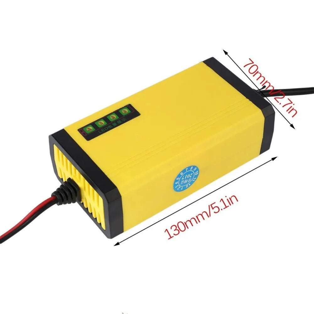 Yellow ABS motorcycle battery charger with alligator clips and 80cm input cable on a white background